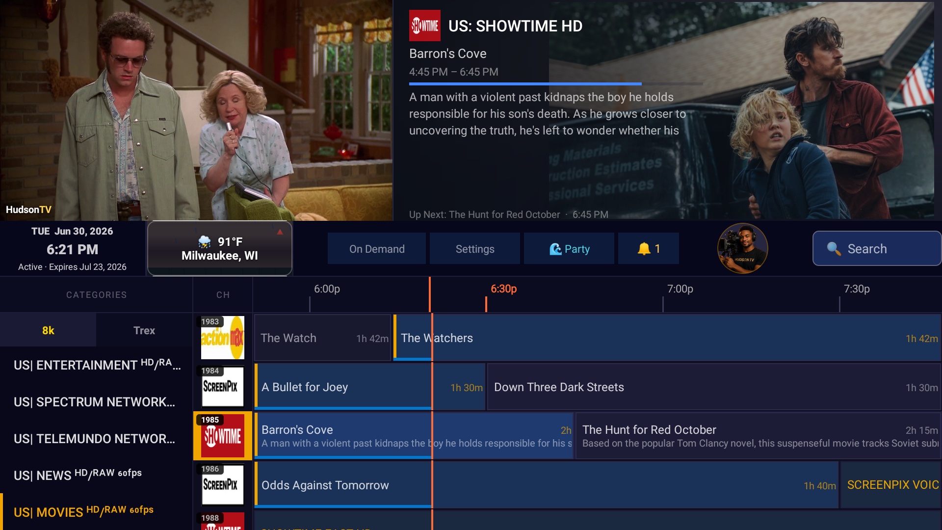 HudsonTV live guide with a picture-in-picture live preview, program grid and weather