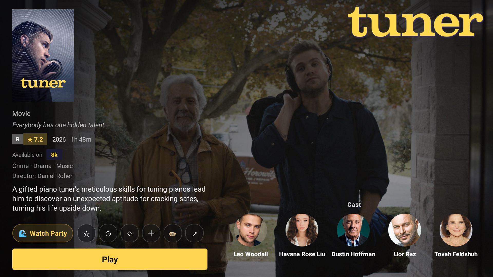 HudsonTV movie detail page with synopsis and cast headshots