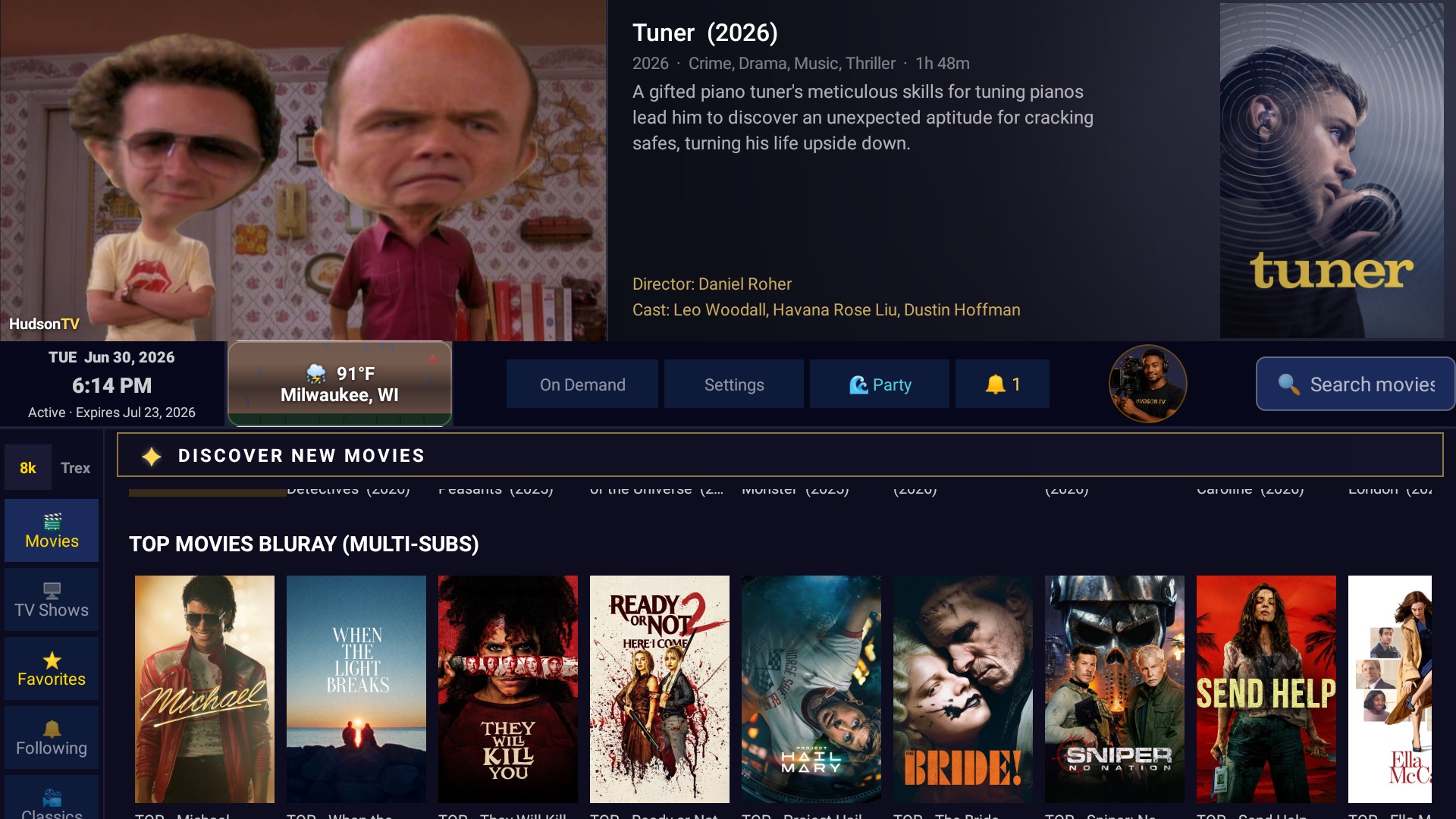 HudsonTV On Demand — featured title with rows of movie posters