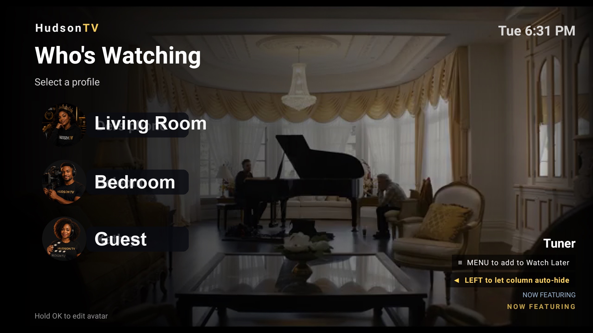 HudsonTV Who's Watching profile picker with multiple household profiles