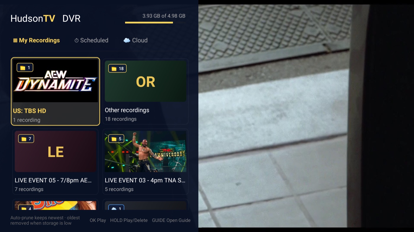HudsonTV DVR library with show cover art while live TV keeps playing beside it