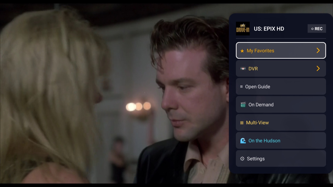 HudsonTV quick menu over live TV with one-press REC button